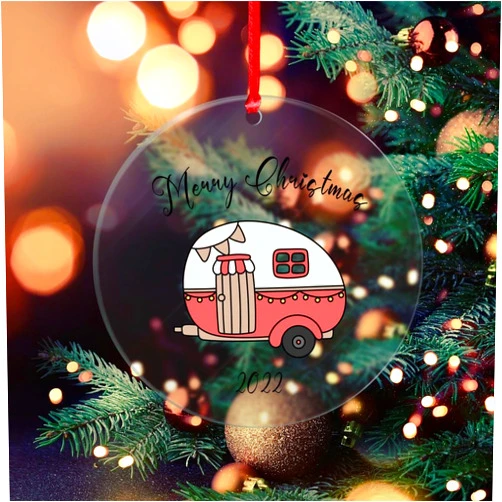 DOREENABE Christmas Tree Ornaments Merry Christmas Happy Camper Acrylic Clear Ornaments Christmas Camping Lover Xmas Camping Truck Tree Camper Gift Christmas Home Office Tree Decorations Xmas Gift