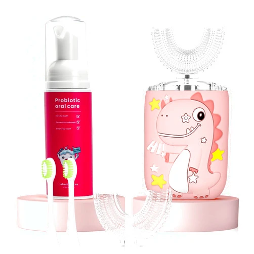 PVOGRT Kids Electric U Shaped Toothbrush,Kids Sonic Toothbrush with 4 Soft Brush Head Automatic Toothbrush Rechargeable 6 Cleaning Modes IPX7 Waterproof 360 Degree Cleaning - Age8-15 Pink