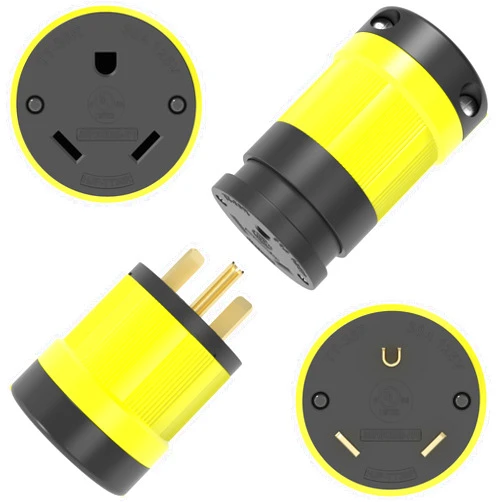 Journeyman-Pro NEMA TT-30P, 30 Amp, 125 Volt, Straight Blade Male RV Trailer Plug Connector, Black/Yellow Industrial Grade, Grounding 3750 Watts Generator TT30 (TT30P+TT30R Combo YLW)