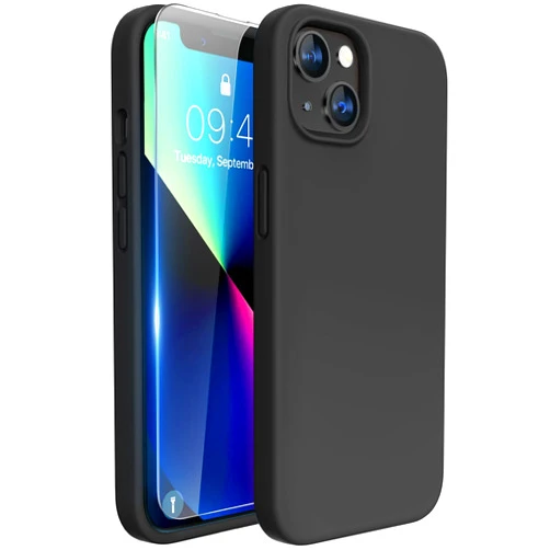 Miracase Designed for iPhone 13 Case, with Tempered Glass Screen Protector, [Soft Anti-Scratch Microfiber Lining], Shockproof Liquid Silicone Rubber Phone Cover Case for 13 6.1 inch(Black)