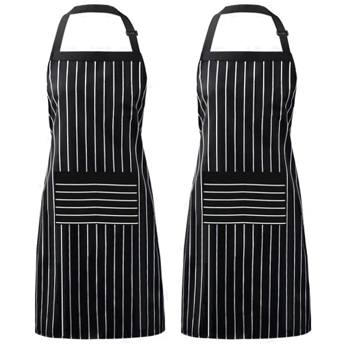 Syntus 2 Pack Adjustable Bib Apron with 3 Pockets Cooking Kitchen Aprons for Women Men Chef, Black/White Pinstripe