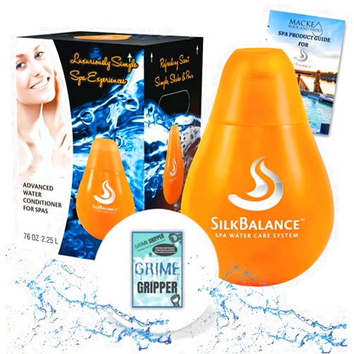 Macke Pool & Patio Silk Balance hot tub 76oz or 38oz Silkbalance Conditioner with Grime Gripper for Silk spa Spas, Macke Product Guide for Hot Tubs & Spas, Silk Balance spa Water Care System