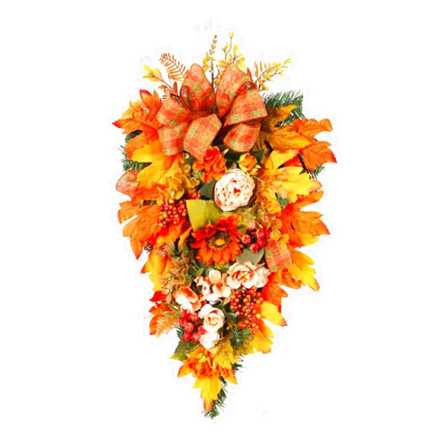 GAKYOUR Fall Harvest Teardrop Swag Thanksgiving Teardrop Wreath with Maple Leaves & Berry Artificial Floral Swag for Home Wall Door Indoor Outdoor Wedding Home Party Halloween Decor 21.7Inch