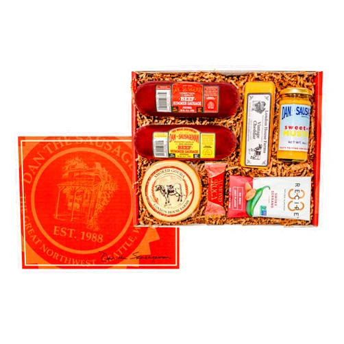 Dan the Sausageman's Heritage Gift Basket to celebrate 35 years! Includes - Smoked Summer Sausages, Specialty Mustards, Gouda Cheese, Cheddar Cheese, Flavor Infused Almonds, and Almond Roca Candy.