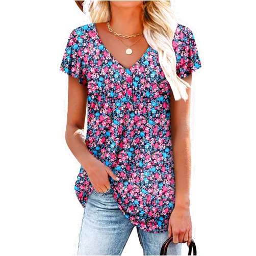 ROSELINLIN Womens Ruffle Sleeve Tunic Tops V Neck Loose Fit Short Sleeve Summer Shirts