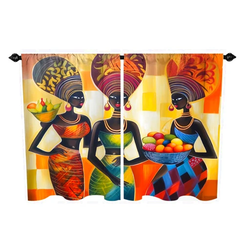 LAlifeasy Afro Girl Kitchen Curtains African Egyptian Black Woman with Fruits Rod Pocket Ethnic Style Living Room Bedroom Bathroom Cafe Small Window Drape Polyester Fabric 2 Panels 27.5W x 39H Inches
