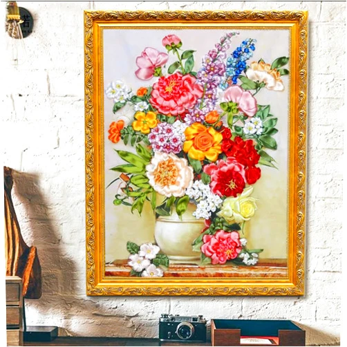 Egoshop Needle Work Ribbon Embroidery Blooming Flowers Kit DIY Wall Decor Stamp Canvas 3D Painting Not Include Frame (Blooming Flowers)