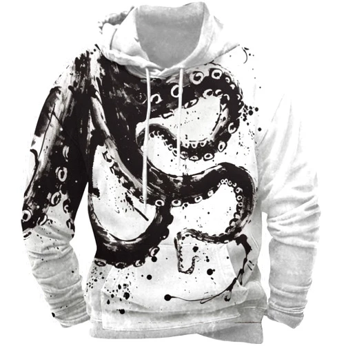 Dirxi Men's Japanese Style Retro Traditional Print Graphic Hooded Autumn/Winter Marine Life Print Sweatshirt Tops