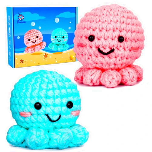 Crochetta Crochet Kit for Beginners, Amigurumi Crocheting Animals Kits w Step-by-Step Video Tutorials, Knitting Starter Pack for Adults and Kids, Jumbo 2 Octopus Familly (40%+ Yarn Content)