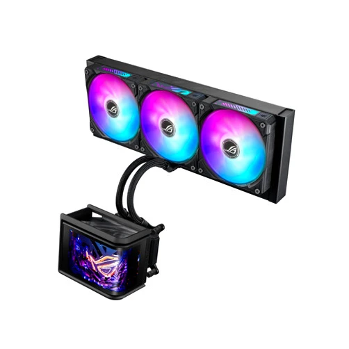 ASUS ROG RYUO IV SLC 360 ARGB All-in-one CPU Liquid Cooler with Shortened tubing maximizes a Clean Aesthetic, Curved 6.67-inch AMOLED Display Supports 3D-Effect Video or Customized System Information