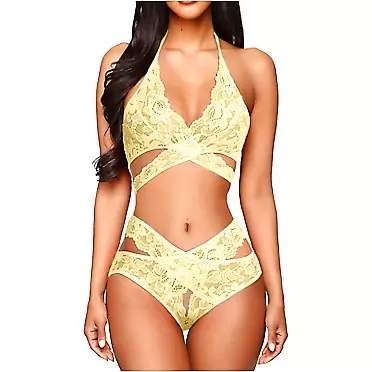 Hessimy Sexy Lace Teddy Babydoll Lingerie Set for Womens Naughty Sex Halter Bras Thongs Panty See Through Underwea Y2-yellow XX-Large