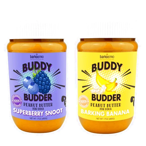 BUDDY BUDDER Bark Bistro Company, Superberry Snoot + Barkin' Banana, 100% Natural Dog Peanut Butter, Healthy Dog Treats - Made in USA (Set of 2 / 17oz Jars)