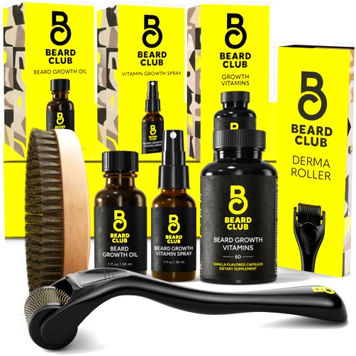 The Beard Club Signature Beard Growth Kit - Derma Roller, Beard Growth Oil, Beard Growth Vitamins, Vitamin Spray & Beard Brush - Gift Set