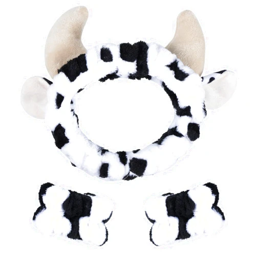 Miroksh Plush Wash Face Headband Cow Print Spa Wrist Band Cuffs Hair Scrunchy Women Girls Facial Makeup Skincare Bath Head Wrap Kids Costume Party Supply Birthday Gift