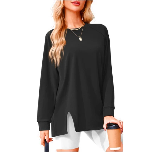 Odosalii Womens Crewneck Sweatshirt Loose Fit Long Sleeve Shirts Trendy Oversized Sweater Fashion Side Slit Pullover Tops