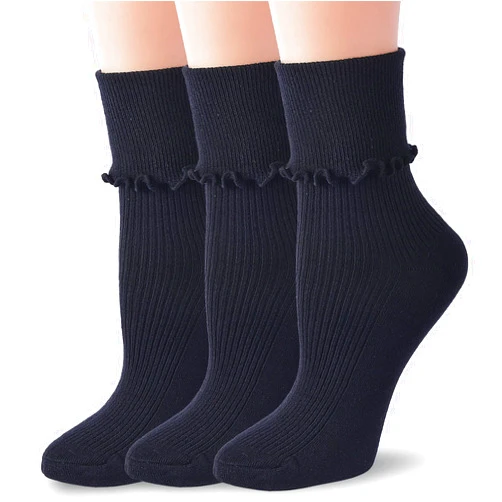 ViViKi Women Ankle Socks, Super Soft Lolita Ruffle Turn-Cuff Double Needle Combed Cotton Socks 3 Pairs