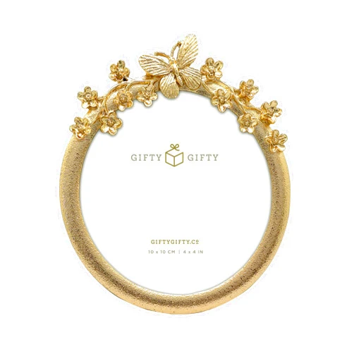 GIFTY GIFTY Circular Butterfly & Floral Photo Frame / 4x4 In | For Tabletop Display | Perfect for Home Decor, Wedding, Graduation, Or Milestone Photos (Gold)