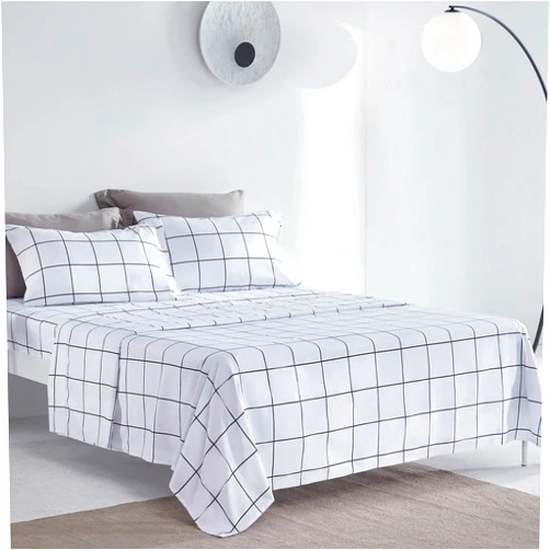 SLEEP ZONE Printed Plaid Twin Bed Sheets Set for Kids 3 Piece - Double Brushed Microfiber Super Soft Breathable Bedding Sheets with 16 inch Deep Pocket (Black Grid Printed on White)