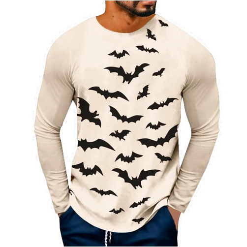 UDTDWANV 2024 Mens Fashion Halloween Long Sleeve T Shirt Crewneck Bat Print Pullover Male Sweatshirt Autumn Shirts