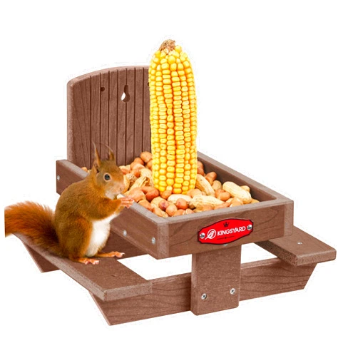 Kingsyard Squirrel Feeder Table for Outside, Recycled Plastic Squirrel & Chipmunk Picnic Table Feeder with Corn Cob Holder, 2 x Solid Structure Benches, Easy to Clean (Brown)