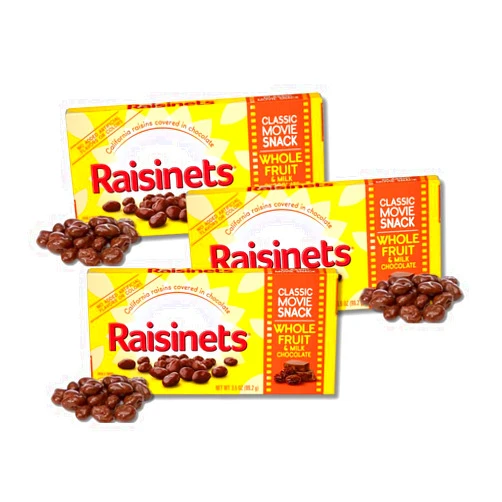 LYZA'S SWEETS & TREATS Milk Chocolate Raisinets - Classic Chocolate Covered Raisin Candies - Gift Pack of 3, 3.1 oz. Movie Theater Boxes By Lyza's Sweets & Treats