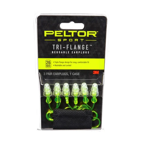 Peltor Sport Tri-Flange Corded Reusable Earplugs, 3 Pair, Noise Reduction Rating (NRR) 26 dB, Comfortable Fit, Ideal For Range, Shooting & Hunting, Washable and Corded, Neon Yellow (97317-10C)