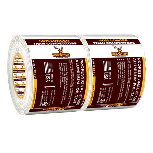 BUCK TAPE AS TOUGH AS A BUCK 2 Pack Buck Professional Grade Aluminum Foil Tape - 4 Inch x 216ft (72 yd) 3.6 Mil - Ideal for HVAC, Insulation, Pipes & Metal Repair - Heat Resistant & Waterproof - Perfect for Sealing Ducts & Vents