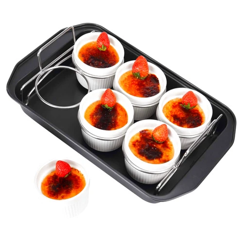 SOLIGT Creme Brulee Making Set - 6 Porcelain Ramekins 6 oz, 304 Stainless Steel Lifting Rack, 9