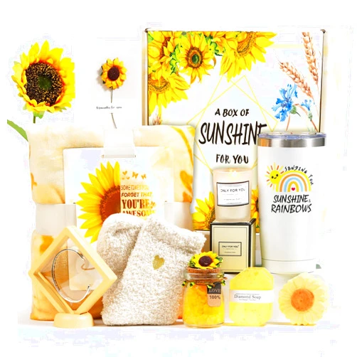 Mikimoony Sending Sunshine Gifts for Women, Care Package for Women, 10 Pcs Sunflower Gifts, Get Well Soon Gifts Basket, Unique Birthday Gifts Box with Inspirational Blanket Candle for Women, Her, Mom, Wife