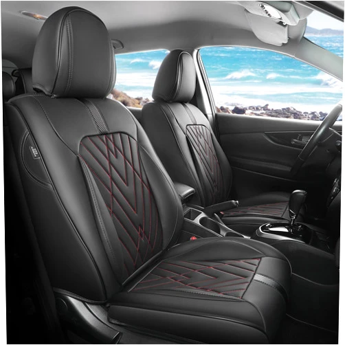 FREESOO Car Seat Covers Full Set, Universal Seat Covers for Cars, Car Seat Protector Waterproof Nappa Leather Seat Cushion Fit for Most Cars BlackRed Line