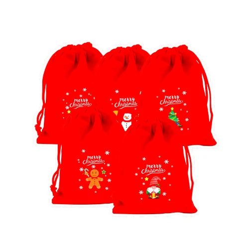 SUMILUOCHEN 5 PCS Red Velvet Christmas Drawstring Bags, Reusable Small Wrapping Bags for Xmas Presents, 7.8x11.8inch