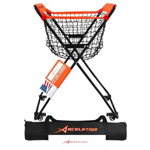 ACELETIQS Baseball Softball Portable Batting Practice Ball Caddy, Use During Training and Drills, Save Your Back No More Bending, Holds up to 60 Baseballs, Instant Setup (4 Leg with Wheels)