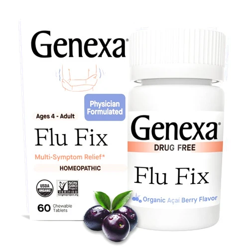 Genexa Flu Fix | Multi-Symptom Flu Remedy for Kids & Adults | Relieves Aches, Fever, Congestion | Acai Berry Flavor | Organic & Non-GMO | Homeopathic Remedy Made Clean | 60 Chewable Tablets, Ages 4+​