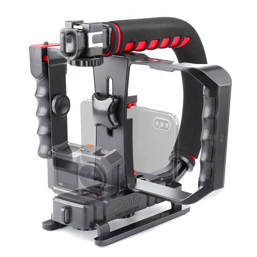 Zeadio Video Handheld Stabilizer with Smartphone Video Cage Rig, Triple Cold-Shoe Handle Grip Compatible with All Camera Action Camera DSLR Smartphone