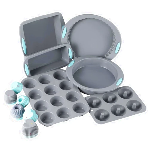 USJUTDOO 30 Piece Silicone Bakeware Set, Non-Stick Kitchen Oven Baking Pans, Silicone Cake Molds with Muffin Pan, Round Cake Pan, Donut Pan, Square Cake Pan, Loaf Pan, Pizza Pan and 24 pcs Baking Cups (Grey)