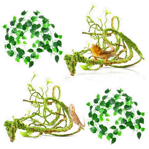 Hamiledyi Flexible Bend-A-Branch Jungle Vines Plastic Terrarium Plant Leaves Pet Habitat Decor for Lizard,Frogs, Snakes and More Reptiles(Pack of 4) (Reptile Vines)