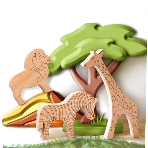 JackMarie Wooden Animal Toys, Handmade Wooden Safari for Toddler, Eco Friendly Toys for Kids,Preschool Montessori Toy 3 Pieces Set - Lion, Giraffe, Zebra