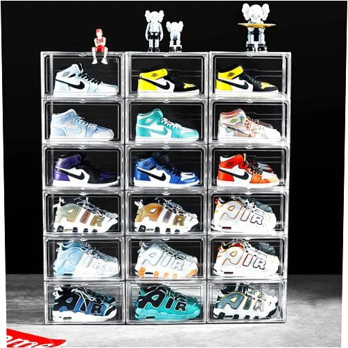 BSFHH 12 Pack Shoe Boxes, Clear Acrylic Stackable Plastic Sneaker Box Container, Magnetic Drop & Side Open Shoe Organizer Case Container With Lids Fits Up to Size 14 (Crystal Clear)