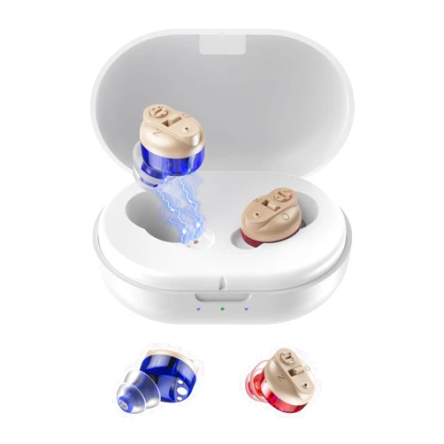 RIDIR Hearing Aids for Seniors Rechargeable Noise Canceling - Hearing Aid Amplifier for Deaf Seniors and Adults Charging Case and Volume Control (1 Pair) with 16-Channel Digital OTC Hearing Aid ，Blue & Red