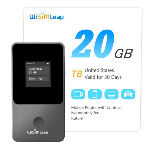 WISIMLEAP Global Travel Mobile Hotspot Device 4G Pocket Router No Roaming fee Built-in SIM Card No Need Physical Card No Contract 150 Countries Travel Portable WiFi Hotspot 20GB for US