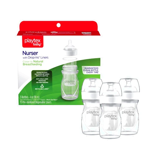 Diaper Genie Playtex Baby Nurser Bottle with Pre-Sterilized Disposable Drop-Ins Liners, Closer to Breastfeeding, 4 Ounce Bottles, 3 Count