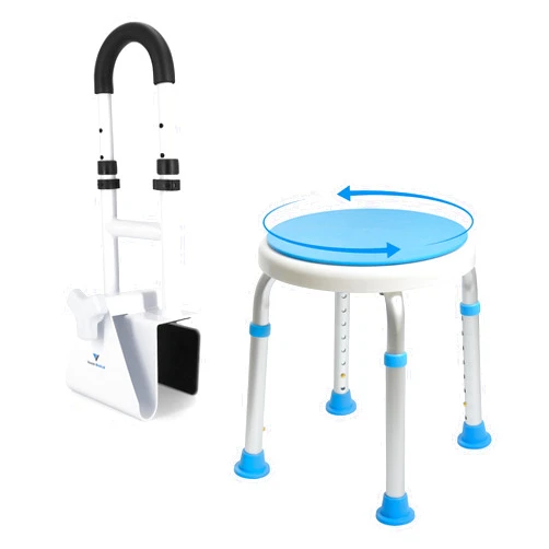 Vaunn Medical Bathtub Handle Grab Bar and Safety Rails and Vaunn Medical Tool-Free Assembly Adjustable Swivel Shower Stool Bundle