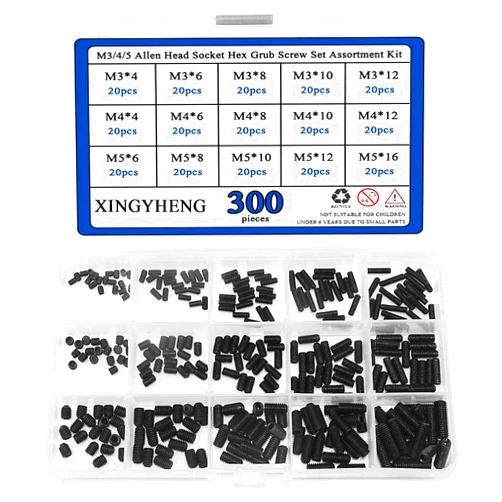 XINGYHENG 300pcs M3/4/5 Allen Head Socket Hex Grub Screw Set Assortment Kit with Plastic Box 12.9 Class Black Alloy Steel (Allen Socket Hex Grub Screw Set)