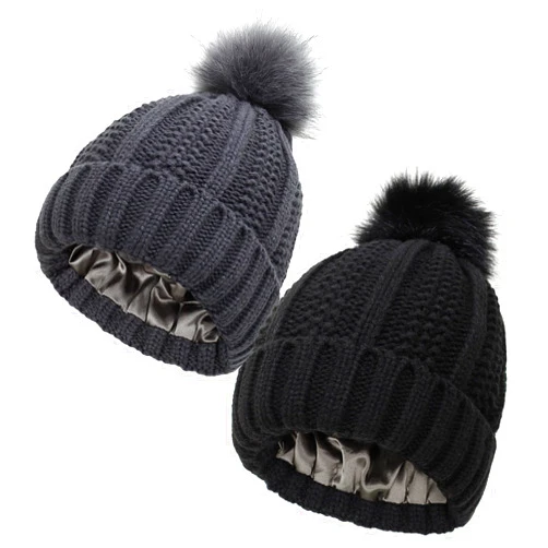 HGGE 2 Pack Womens Winter Beanie Hat Satin Lined Cable Knit Chunky Slouchy Beanies Skull Warm Cap