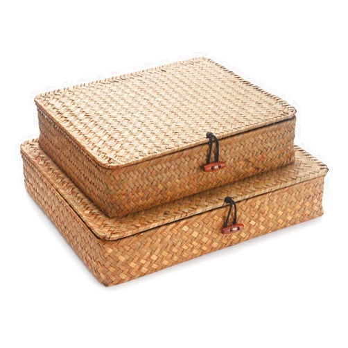 DECRAFTS Seagrass Storage Basket Box with Lid Rectangular Woven Shelf Baskets Bins for Organize Snack Toys Set of 2 Natural Decorative(Large+Small)