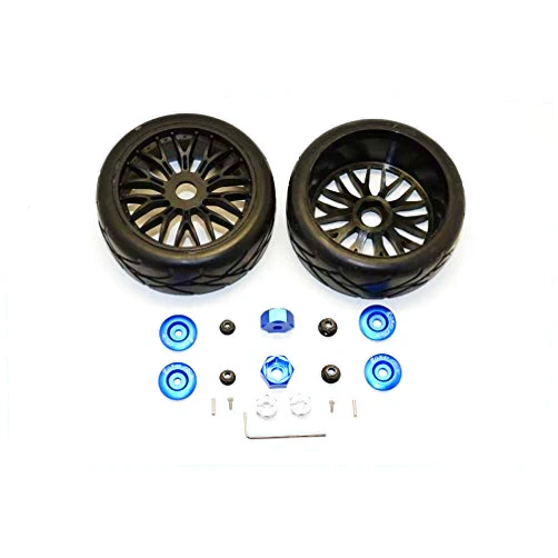 GPM Axial Yeti (AX90026) & Yeti SCORE (AX90050, AX90068) Upgrade Parts Rubber Radial Tires With Plastic Wheels & Wheel Hub Adapters, 12mm To 17mm Converter, 4mm & 5mm Wheel Lock - 2Pcs Set Blue
