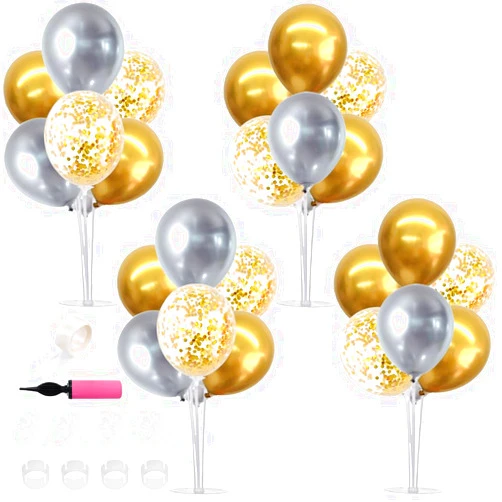 TONIFUL 4 Table Centerpiece Balloon Stand Kit Include Silver Gold Latex Confetti Balloons for 2026 Graduation,New Years 2026,Birthday,Retirement,Christmas,Anniversary Table Party Decoration