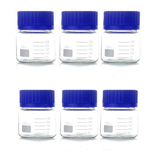 Paalee 6 Pack Graduated Round Reagent Bottle Set, Wide Mouth Borosilicate Glass Lab Media Storage with GL80 Blue Polypropylene Screw Caps, Leakproof and Autoclavable (250ml)