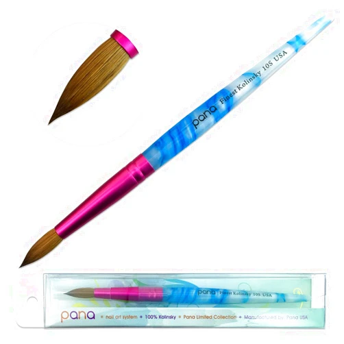 PANA USA Acrylic Nail Brush Pure Kolinsky Hair Acrylic White Swirl Blue Handle with Pink Ferrule Round Shaped - Size 10
