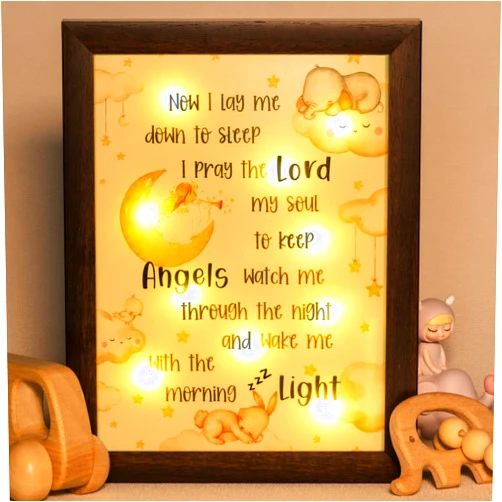 YLOVAN Baptism Gifts for Boys Girls - Night Light Nursery Decor Frame for Bedtime Prayer, Christening Dedication Catholic Godparents Gifts for Kids, Baby Shower Baptismal(Brown)